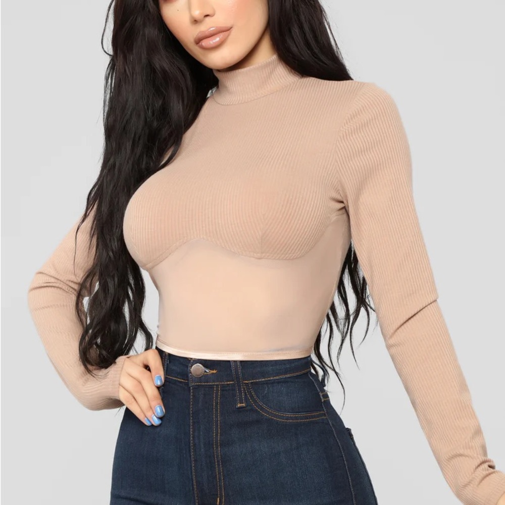 Fashion Nova Beige Sheer Mock Neck Top